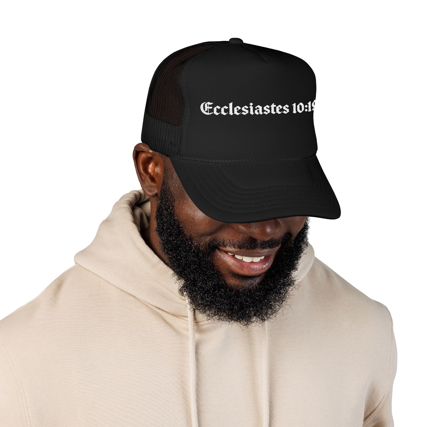 Ecclesiastes 10:19 Embroidered Foam Trucker Hat, Christian Hat, Faith-Based Cap, Gift for Him/Her, Casual Outdoor Wear, Trendy Headwear